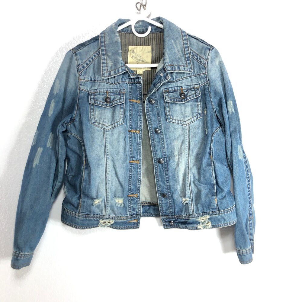 White Crow Distressed Denim Jean Jacket Fade Stars Stripes Womens Size M Boho